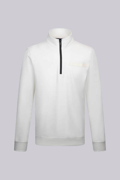 Beyaz Regular Fit Fermuarlı Yarım Balıkçı Yaka Pamuklu Sweatshirt 