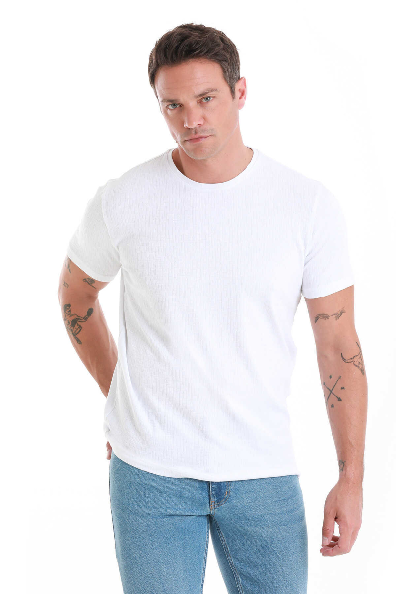 Beyaz Regular Fit Jakarlı Bisiklet Yaka Tişört - Hatem Saykı