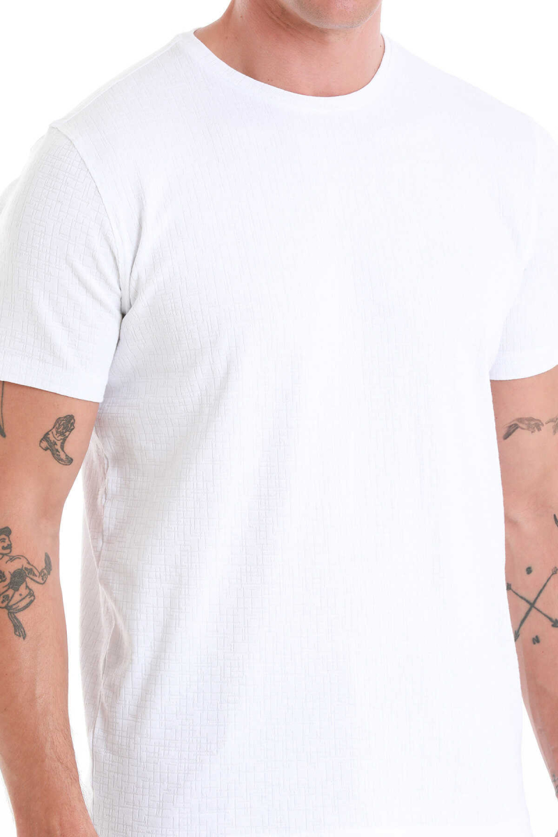 Beyaz Regular Fit Jakarlı Bisiklet Yaka Tişört - Hatem Saykı (1)