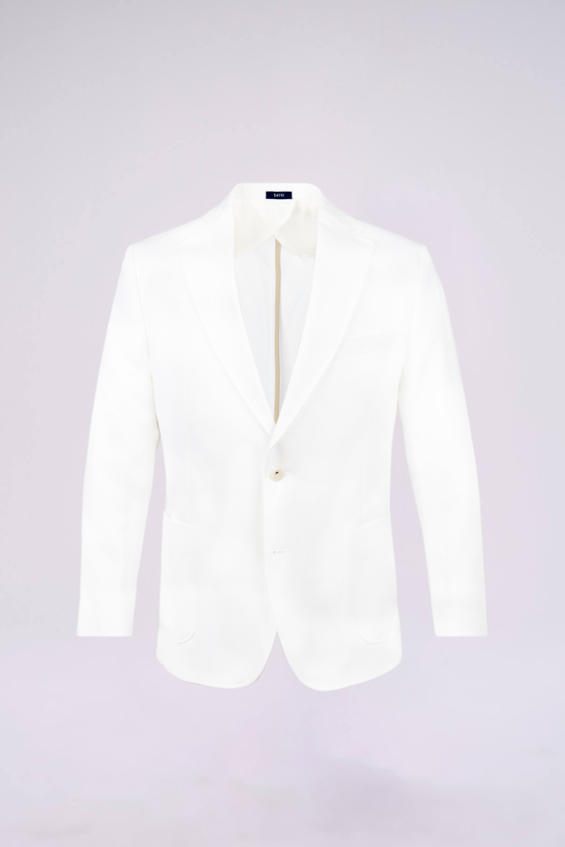 Beyaz Regular Fit Mono Yaka Casual Keten Ceket - Hatem Saykı