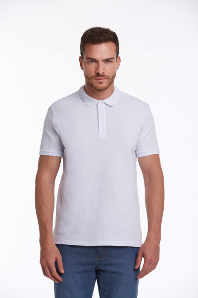 Beyaz Regular Fit Petek Desenli Pamuklu Polo Yaka Tişört - 3