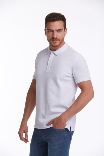 Beyaz Regular Fit Petek Desenli Pamuklu Polo Yaka Tişört - 2