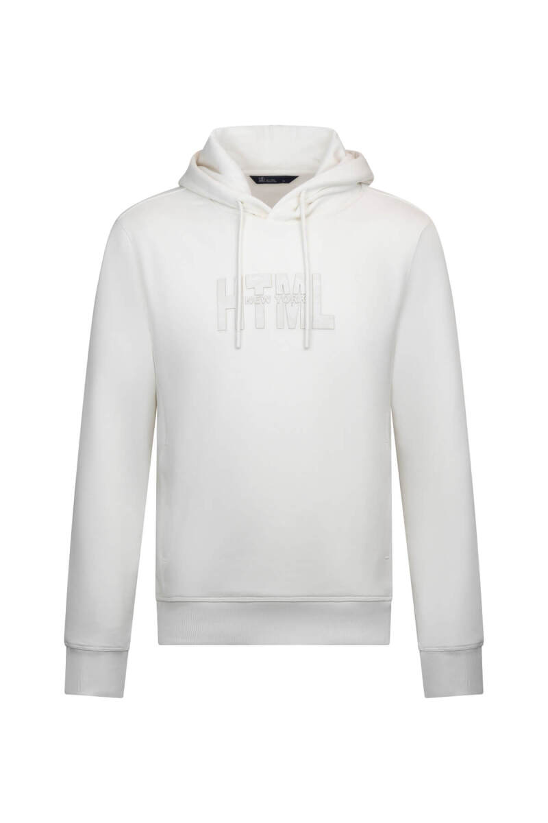 Beyaz Regular Fit Pamuklu Kapüşonlu Kanguru Cepli Sweatshirt - HTML