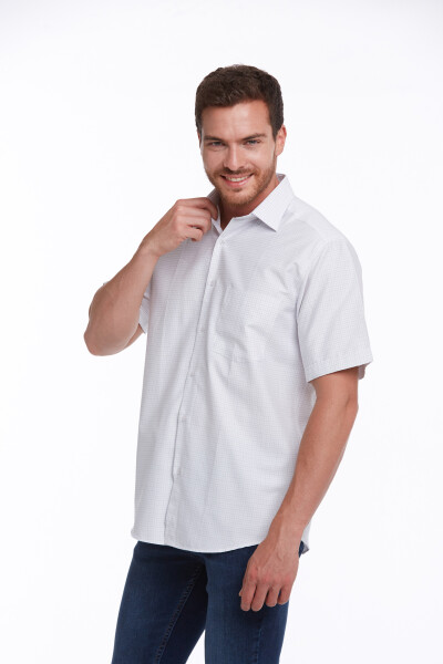 Beyaz Regular Fit Kareli Pamuklu Slim Yaka Kısa Kol Klasik Gömlek - 2