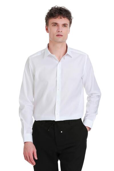 Beyaz Slim Fit 100% Pamuk Slim Yaka Pamuklu Uzun Kollu Gömlek - 6