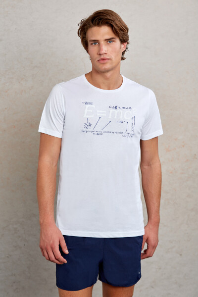 Beyaz Slim Fit Baskılı %100 Pamuk Bisiklet Yaka Tişört - 1