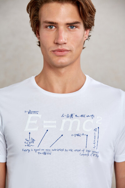 Beyaz Slim Fit Baskılı %100 Pamuk Bisiklet Yaka Tişört - 5