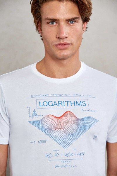 Beyaz Slim Fit Baskılı %100 Pamuk Bisiklet Yaka Tişört - 5