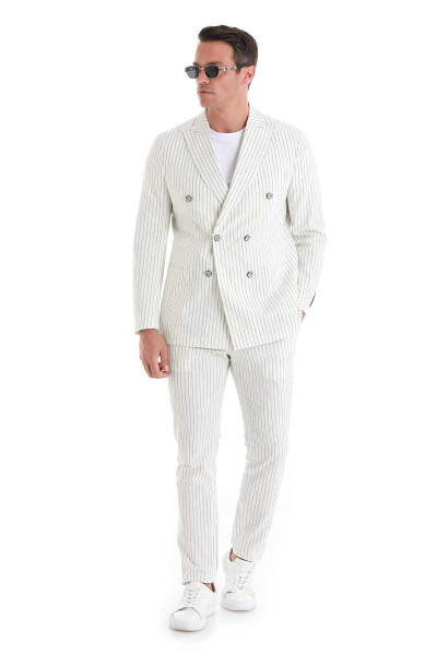 Beyaz Slim Fit Çizgili Kruvaze Keten Takım Elbise - 3