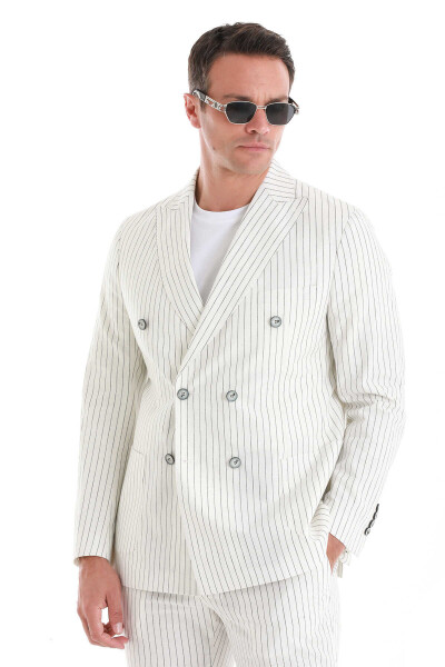 Beyaz Slim Fit Çizgili Kruvaze Keten Takım Elbise - 5