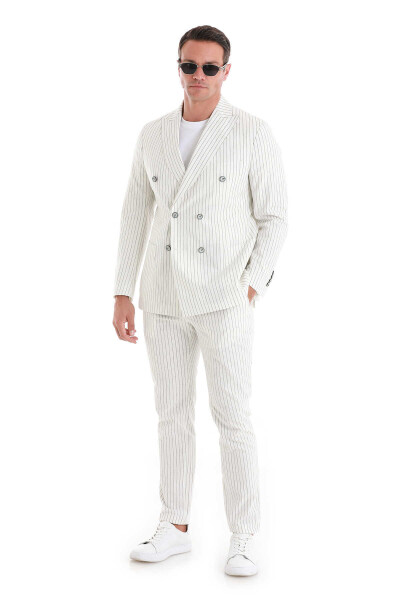 Beyaz Slim Fit Çizgili Kruvaze Keten Takım Elbise - 6