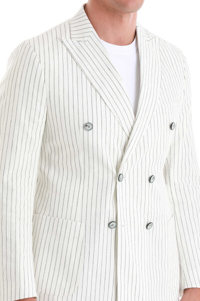 Beyaz Slim Fit Çizgili Kruvaze Keten Takım Elbise - 7