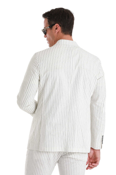Beyaz Slim Fit Çizgili Kruvaze Keten Takım Elbise - 9