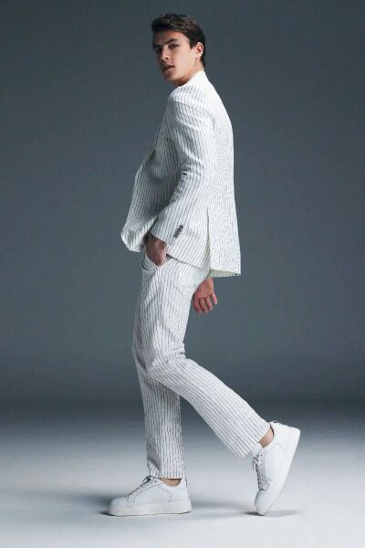 Beyaz Slim Fit Çizgili Kruvaze Keten Takım Elbise - 1
