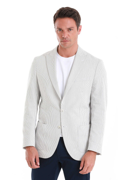 Beyaz Slim Fit Çizgili Sivri Yaka Casual Ceket - 1
