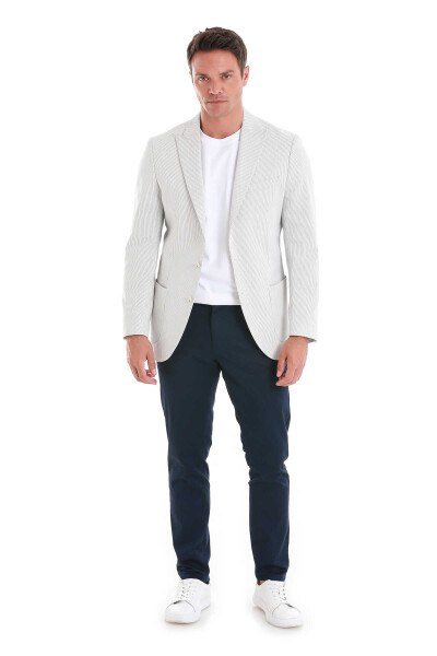 Beyaz Slim Fit Çizgili Sivri Yaka Casual Ceket - 2