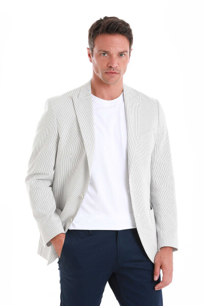Beyaz Slim Fit Çizgili Sivri Yaka Casual Ceket - 3