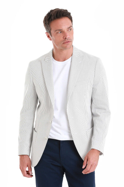 Beyaz Slim Fit Çizgili Sivri Yaka Casual Ceket - 4
