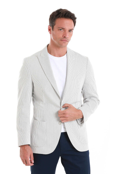 Beyaz Slim Fit Çizgili Sivri Yaka Casual Ceket - 5