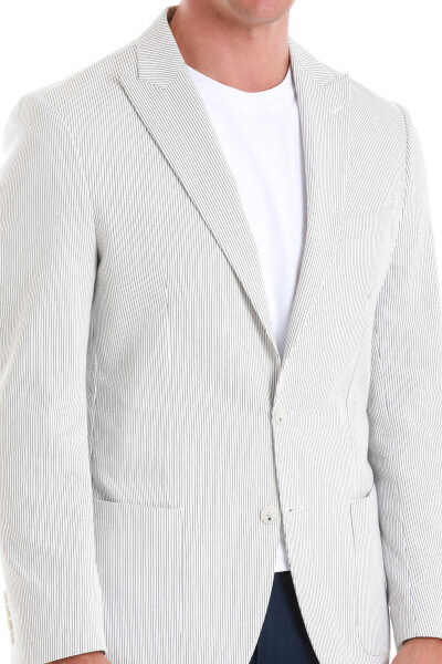 Beyaz Slim Fit Çizgili Sivri Yaka Casual Ceket - 6