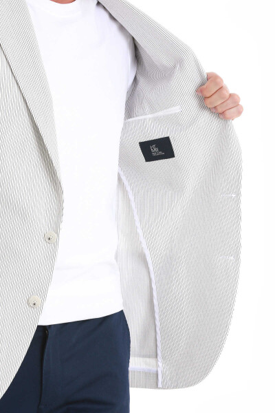 Beyaz Slim Fit Çizgili Sivri Yaka Casual Ceket - 7
