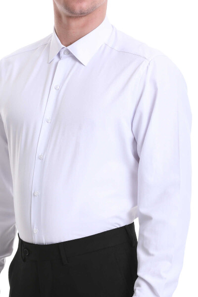 Beyaz Slim Fit Desenli Pamuklu Slim Yaka Uzun Kollu Klasik Gömlek - 4