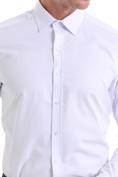 Beyaz Slim Fit Desenli Pamuklu Slim Yaka Uzun Kollu Spor Gömlek - 5