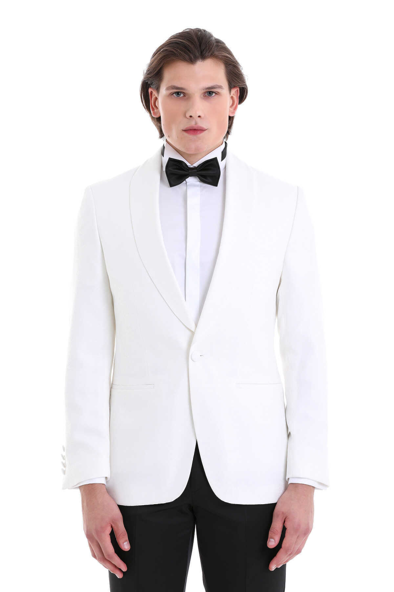 Beyaz Slim Fit Desenli Şal Yaka Klasik Damatlık - Hatem Saykı (1)