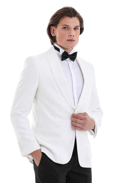 Beyaz Slim Fit Desenli Şal Yaka Klasik Damatlık - 3