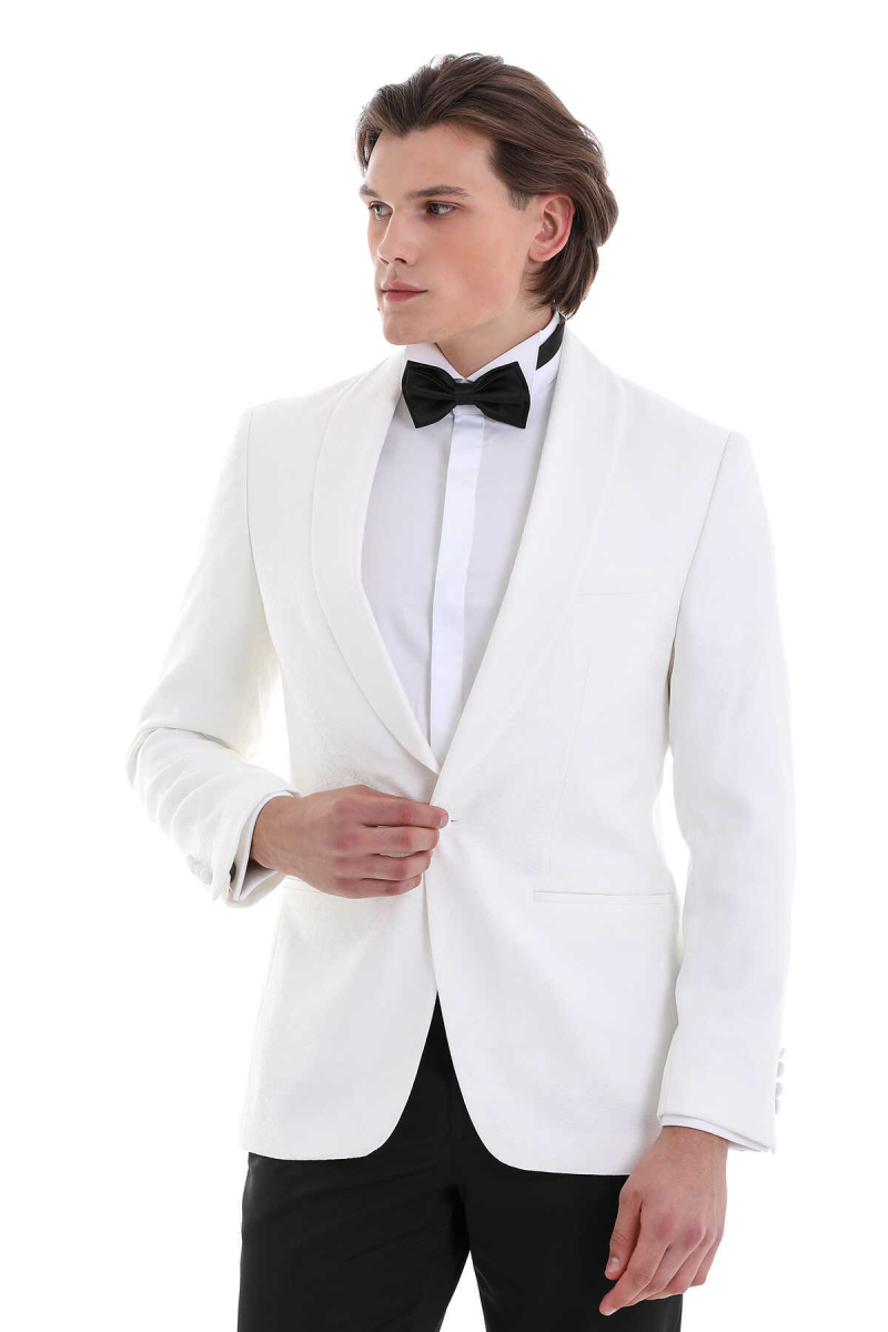 Beyaz Slim Fit Desenli Şal Yaka Klasik Damatlık - Hatem Saykı (1)
