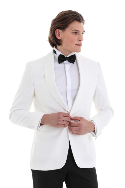 Beyaz Slim Fit Desenli Şal Yaka Klasik Damatlık - 5
