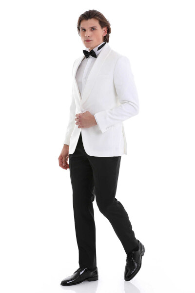 Beyaz Slim Fit Desenli Şal Yaka Klasik Damatlık - 6
