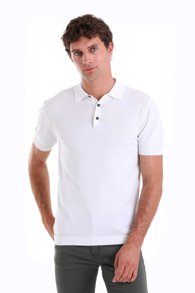 Beyaz Comfort Fit Polo Yaka Rayon Tişört - 4