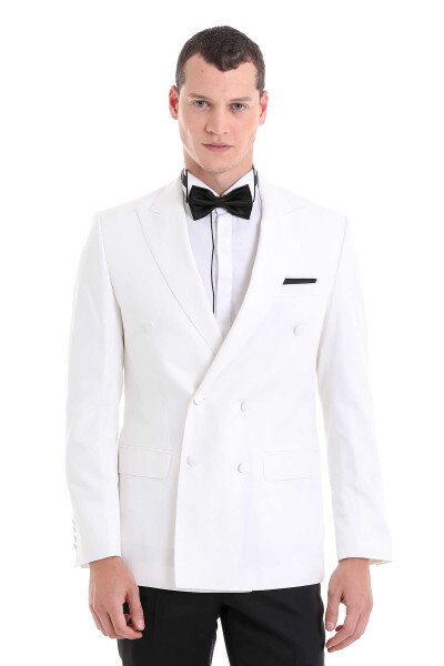 Beyaz Slim Fit Sivri Yaka Klasik Kruvaze Smokin Damatlık - 2
