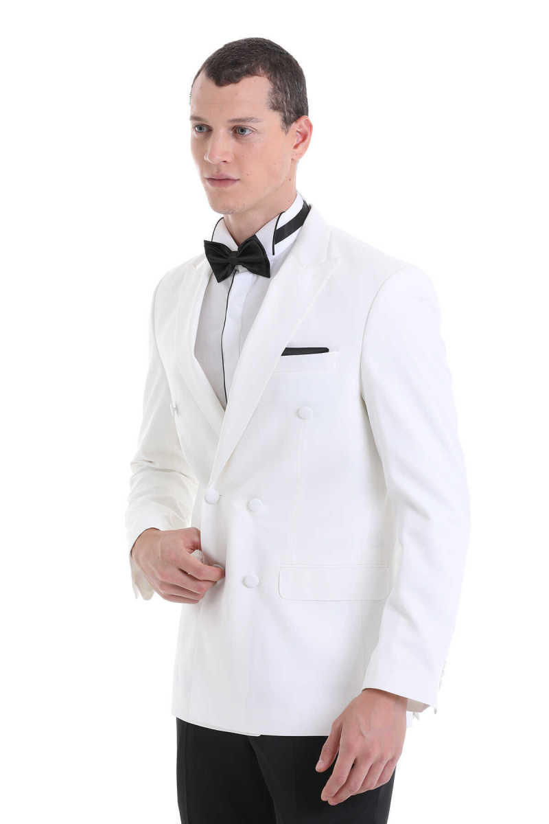 Beyaz Slim Fit Sivri Yaka Klasik Kruvaze Smokin Damatlık - Hatem Saykı (1)