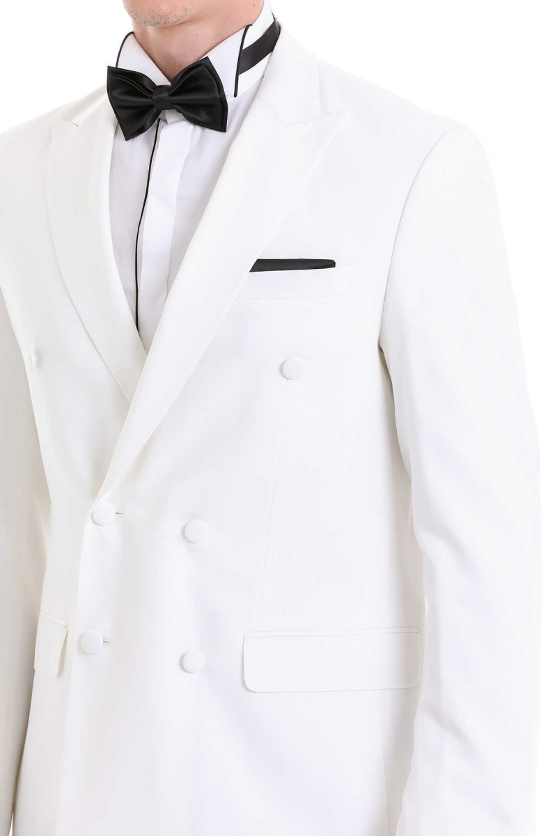 Beyaz Slim Fit Sivri Yaka Klasik Kruvaze Smokin Damatlık - Hatem Saykı (1)