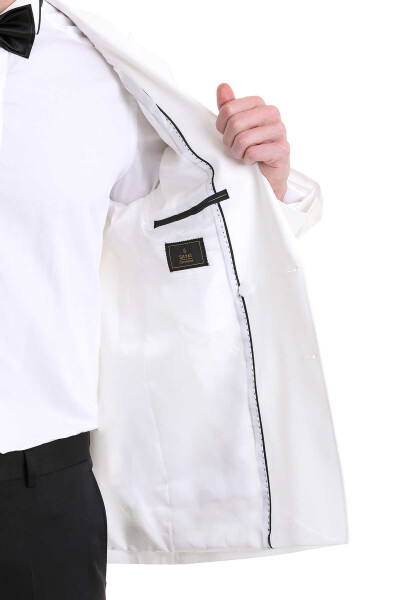 Beyaz Slim Fit Sivri Yaka Klasik Kruvaze Smokin Damatlık - 5