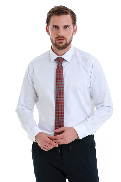 Beyaz Slim Fit Slim Yaka 100% Pamuk Uzun Kollu Saten Gömlek - 1