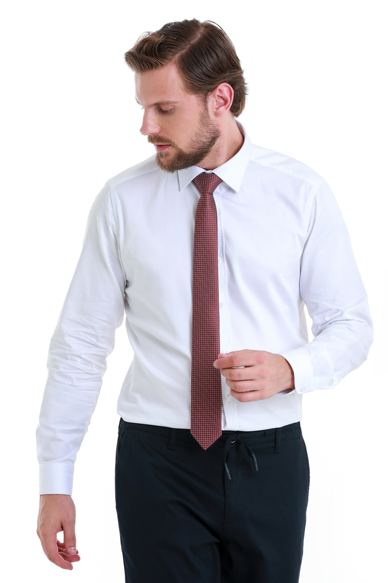 Beyaz Slim Fit Slim Yaka 100% Pamuk Uzun Kollu Saten Gömlek - Hatem Saykı (1)