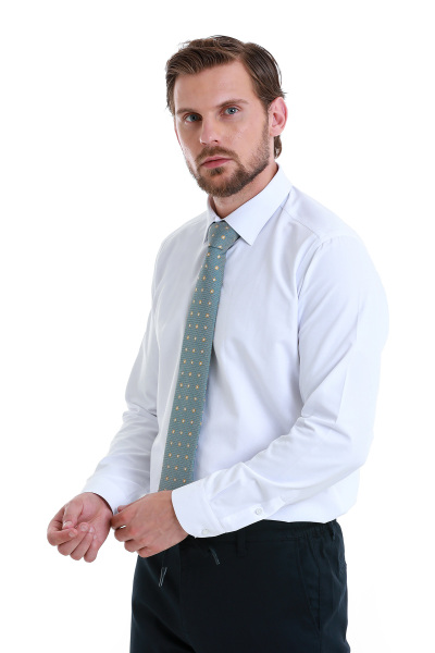 Beyaz Slim Fit Düz Slim Yaka Pamuklu Uzun Kollu Gömlek - 4