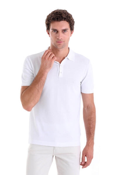 Beyaz Regular Fit Polo Yaka Rayon Triko Tişört - 3