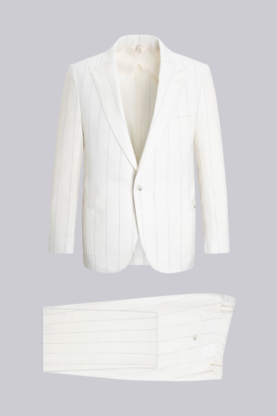 Beyaz Slim Fit Sivri Yaka Çizgili Keten Casual Takım Elbise 