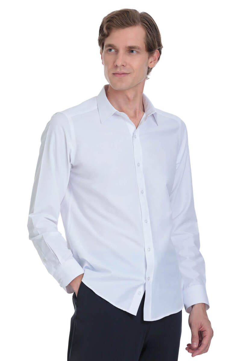 Beyaz Slim Fit Slim Yaka Pamuklu Uzun Kollu Gömlek - Hatemoğlu