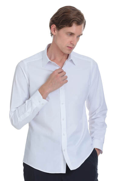 Beyaz Slim Fit Slim Yaka Pamuklu Uzun Kollu Gömlek - 3