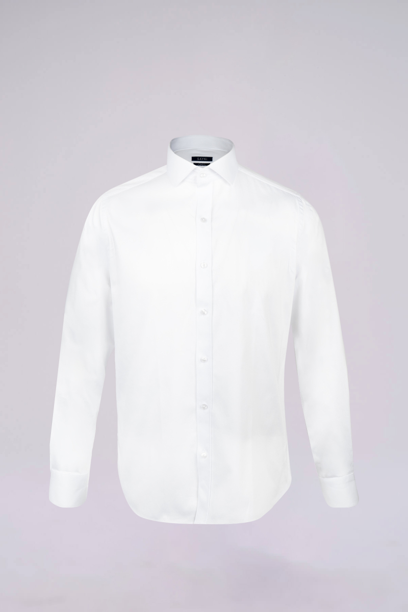 Beyaz Slim Fit Uzun Kollu Açık İtalyan Yaka Saten Gömlek - HATEM SAYKI