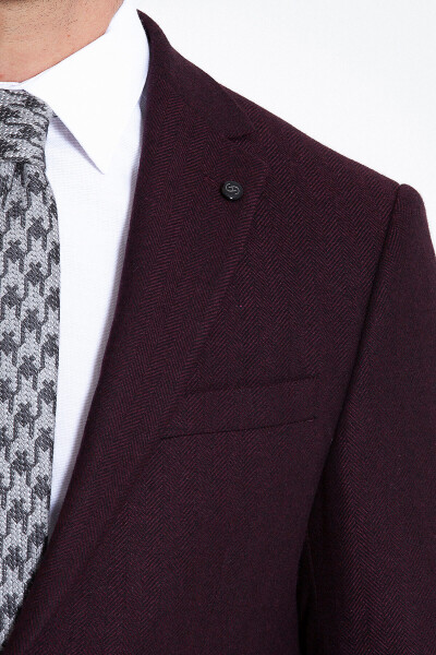 Bordo Balıksırtı Desen Slim Fit Ceket - 5
