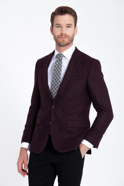 Bordo Balıksırtı Desen Slim Fit Ceket - 1