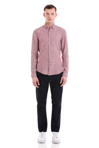 Bordo Comfort Fit Çizgili 100% Keten Düğmeli Yaka Uzun Kollu Casual Gömlek - 2