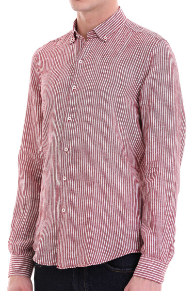 Bordo Comfort Fit Çizgili 100% Keten Düğmeli Yaka Uzun Kollu Casual Gömlek - 5