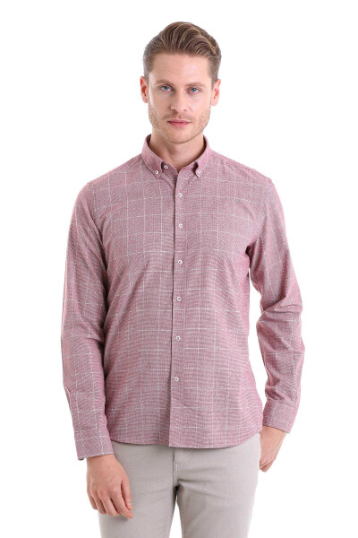 Bordo Comfort Fit Desenli Düğmeli Yaka Uzun Kollu Casual Flanel Gömlek - 2